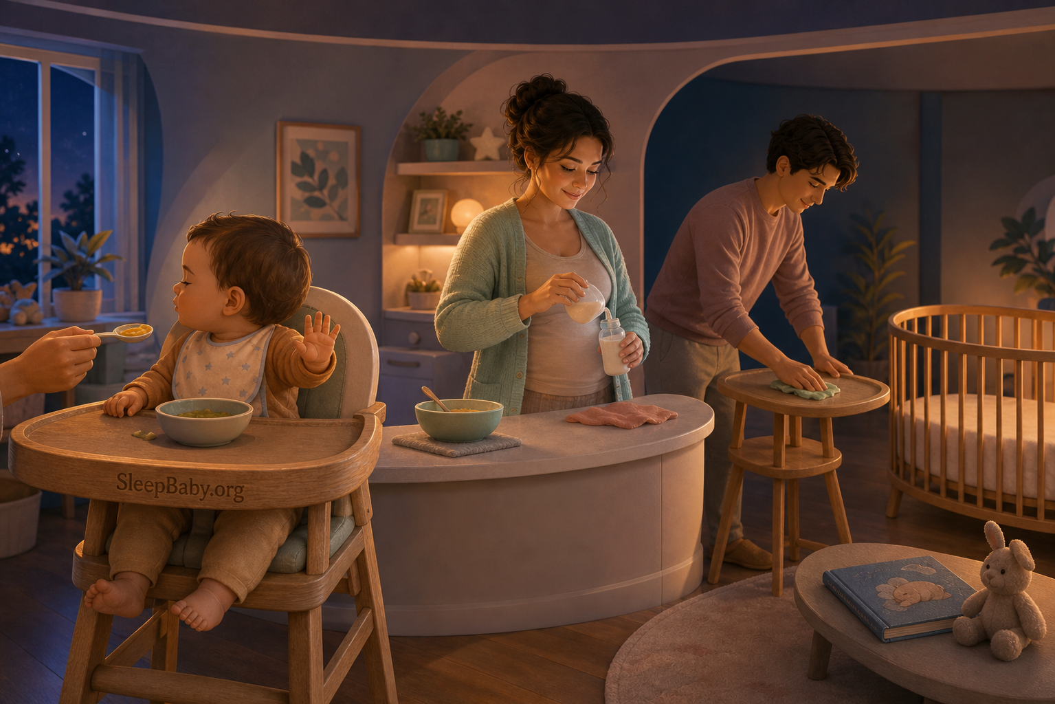 A baby turns from the last spoon as adults set aside the bowl, prepare milk, clean the high chair and move toward a bare crib.