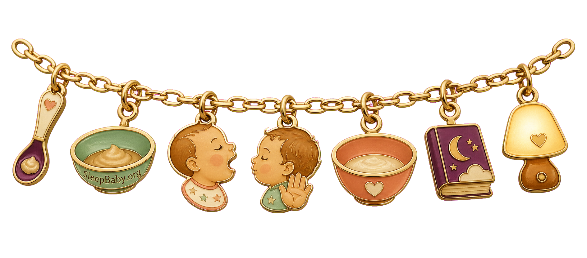 A gold portion strand pairs a tiny spoon and small bowl with open-mouth and turn-away cues, then closes with a bedtime book and lamp.