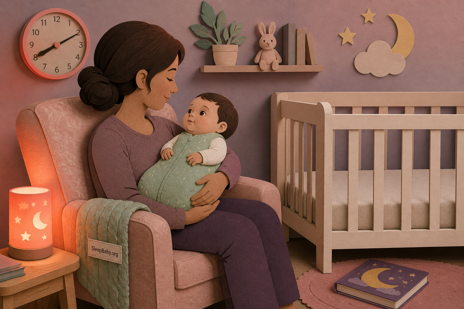 A caregiver holds an alert baby beside a bare crib in a softly lit bedtime room.