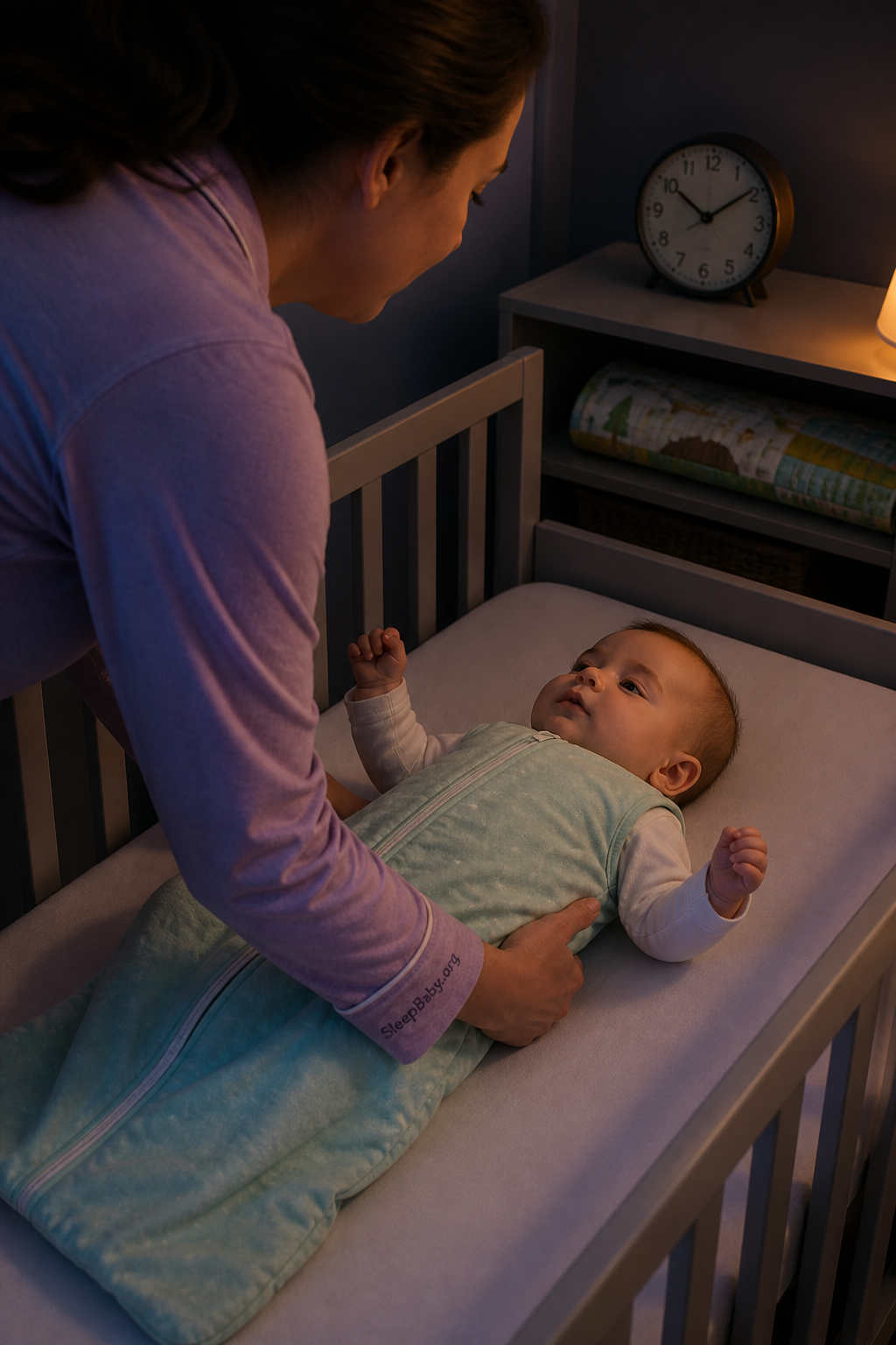 Caregiver settles an awake seven-month-old in a bare crib beside a nighttime clock