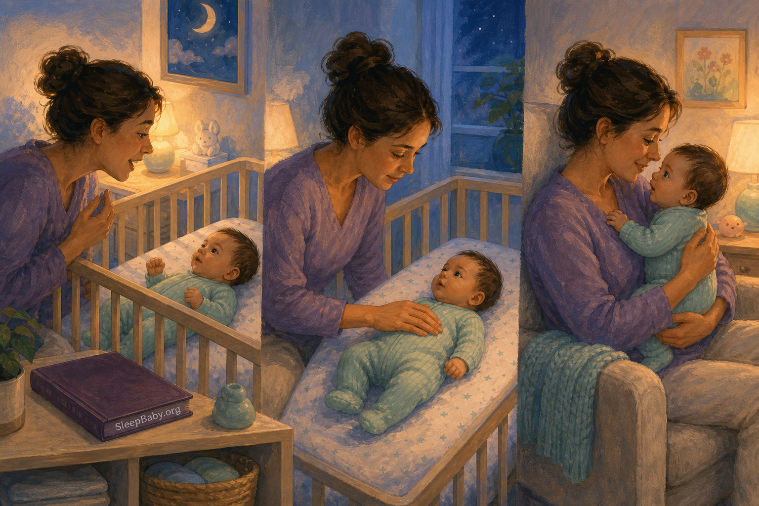 Three warm bedtime scenes show a caregiver observing, offering steady touch, and holding a baby when more support is needed.