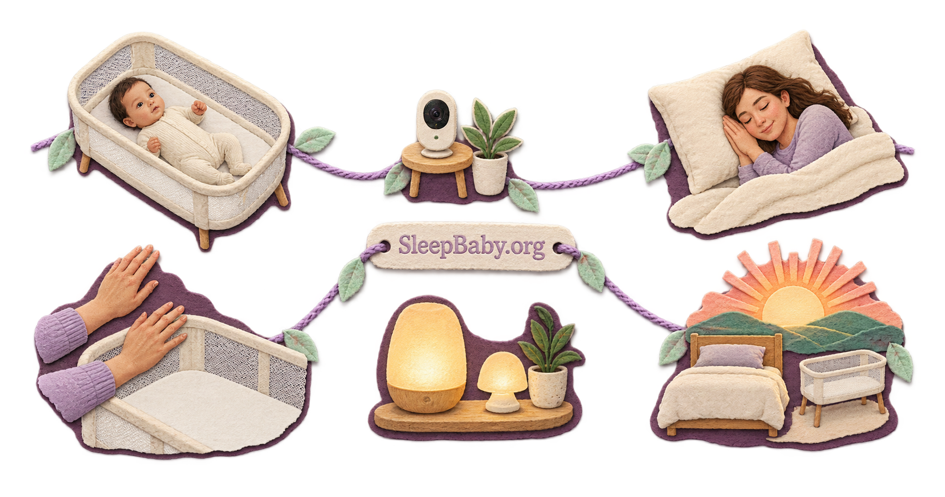 Cut-paper rail links awake baby, separate parent rest, withdrawn hands, exterior monitor, dimming lights, and dawn.