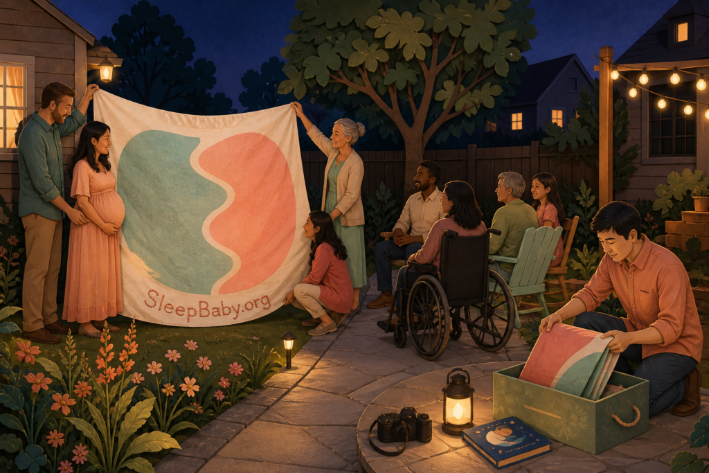 Family members unroll and pack away a reusable reveal banner at an accessible backyard picnic lit by a battery lantern beside a keepsake box and bedtime book.