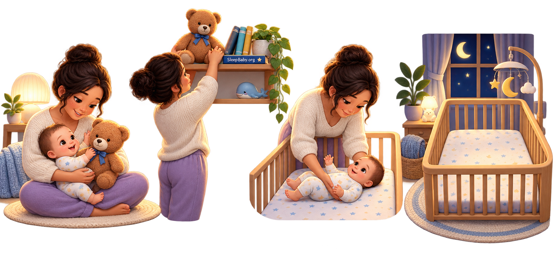 Empty Means Ready ribbon moves from an awake teddy cuddle to a parked teddy, back placement and a clear fitted-sheet-only crib