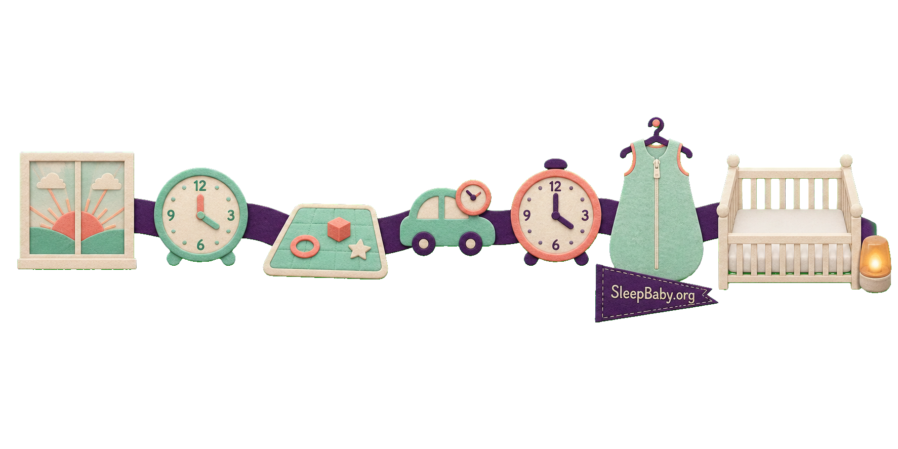 Sleep schedule ribbon tracing sunrise, morning clock, play mat, car nap, bedtime clock, sleep sack and empty crib