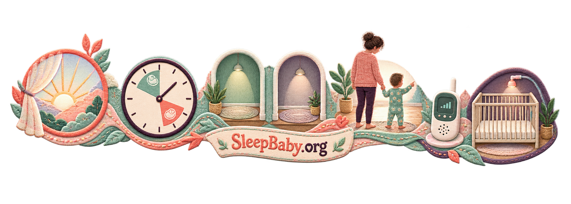 Stitched day path with sunrise, two nap windows, an awake toddler, monitor and empty bedtime crib