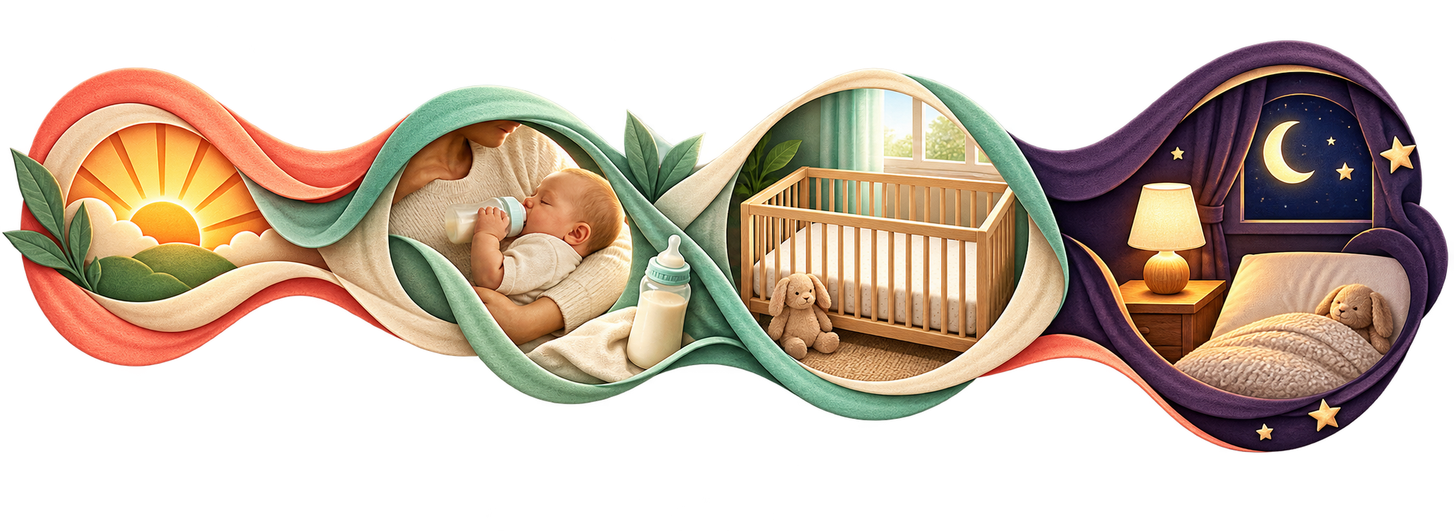Transparent teaching ribbon moves from feeding and short newborn sleep toward morning light and a simple bedtime routine