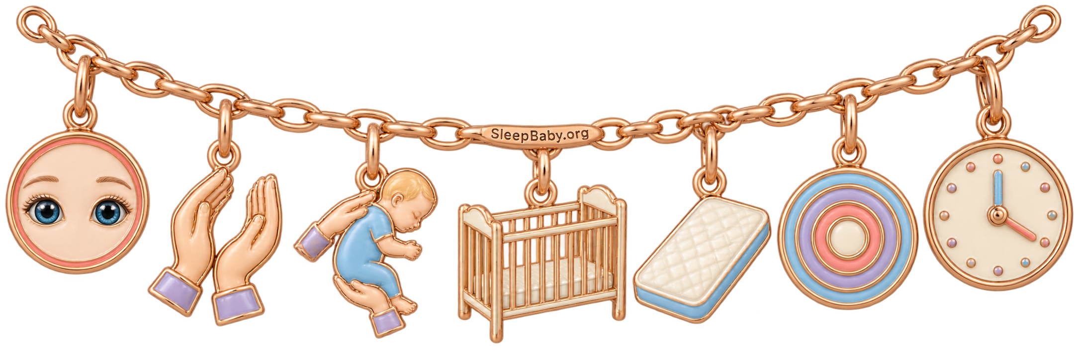 Seven rose-gold charms map the wake-on-lower sequence from open eyes and hands to crib, mattress, ripples, and clock.