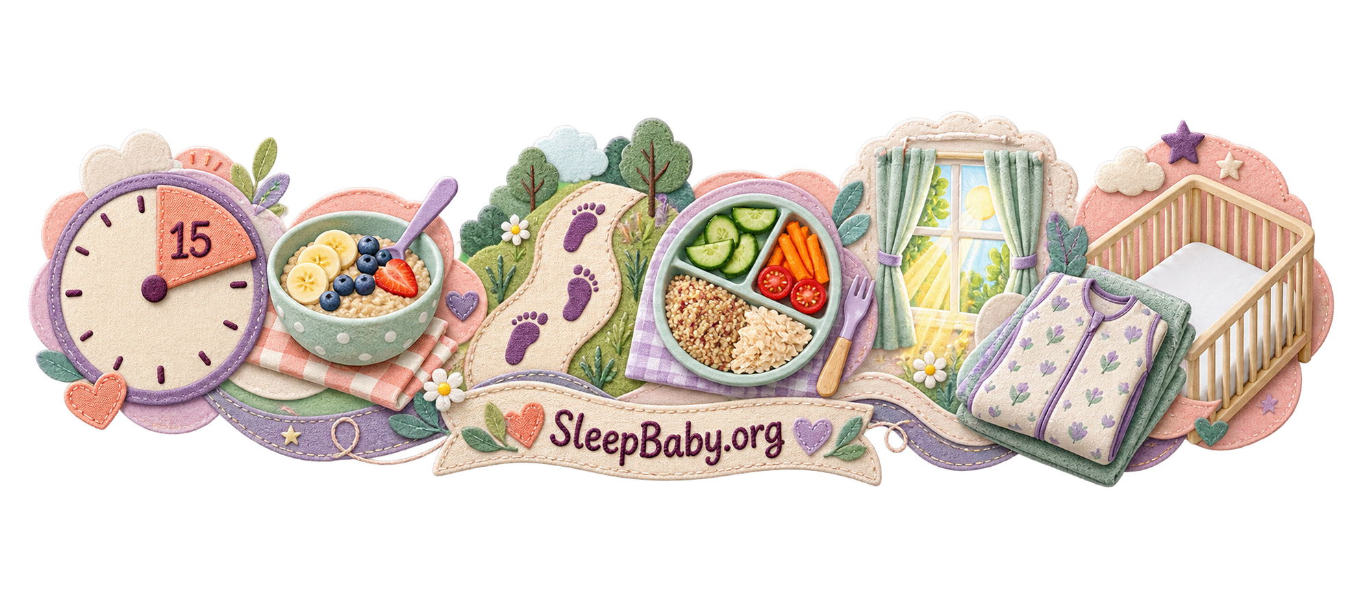 Fabric schedule rail with a 15-minute clock, breakfast, footprints, lunch, curtains, sleep sack and empty crib