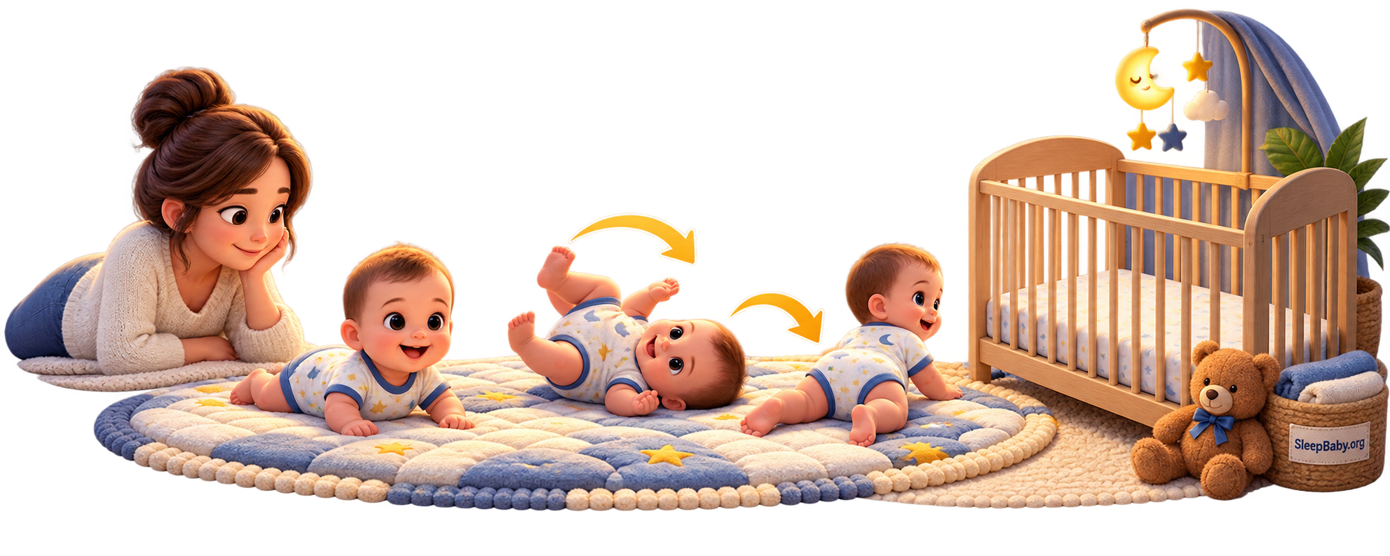Rolling ribbon shows supervised awake rolling practice leading to an empty crib while the teddy remains outside