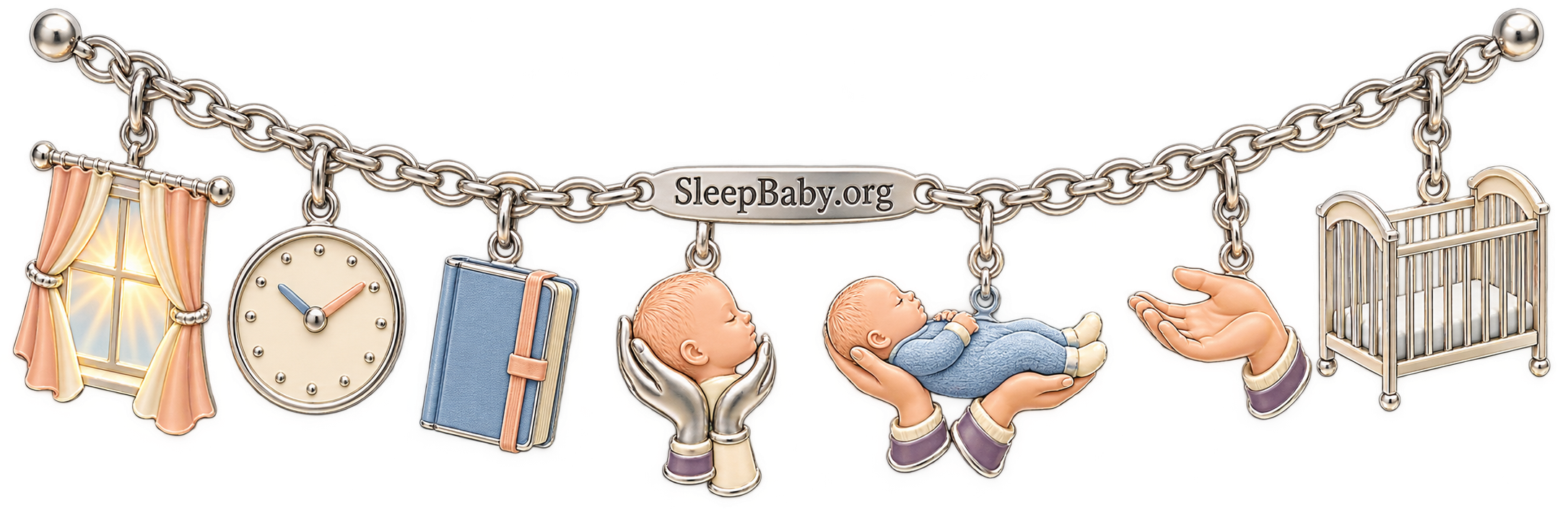 Seven silver charms compare nap timing cues with head support, a steady supine lower, a resting hand, and an empty crib.