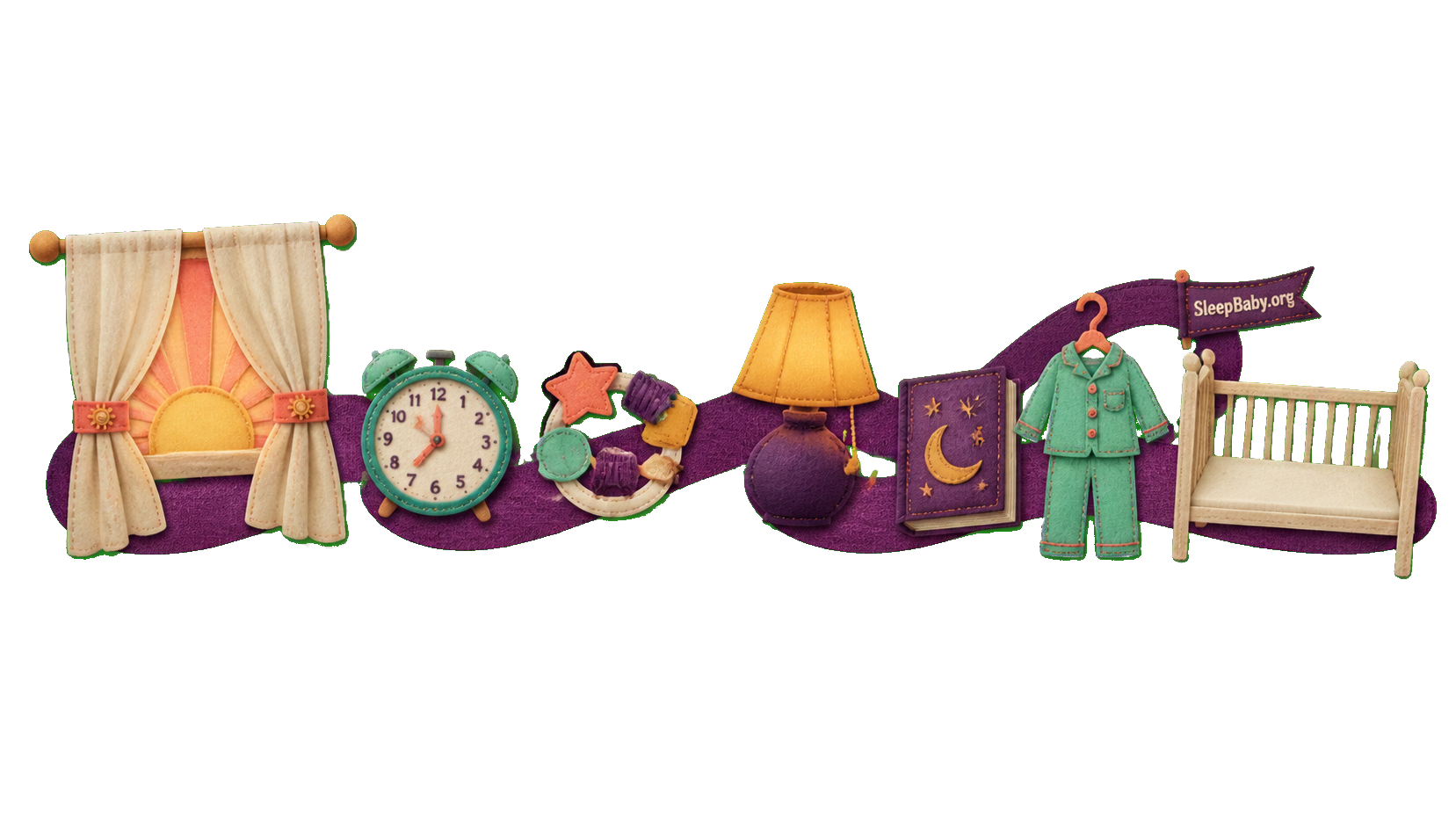 Two-anchor ribbon links opening curtains and a morning clock to a lamp, bedtime book, pajamas and empty crib