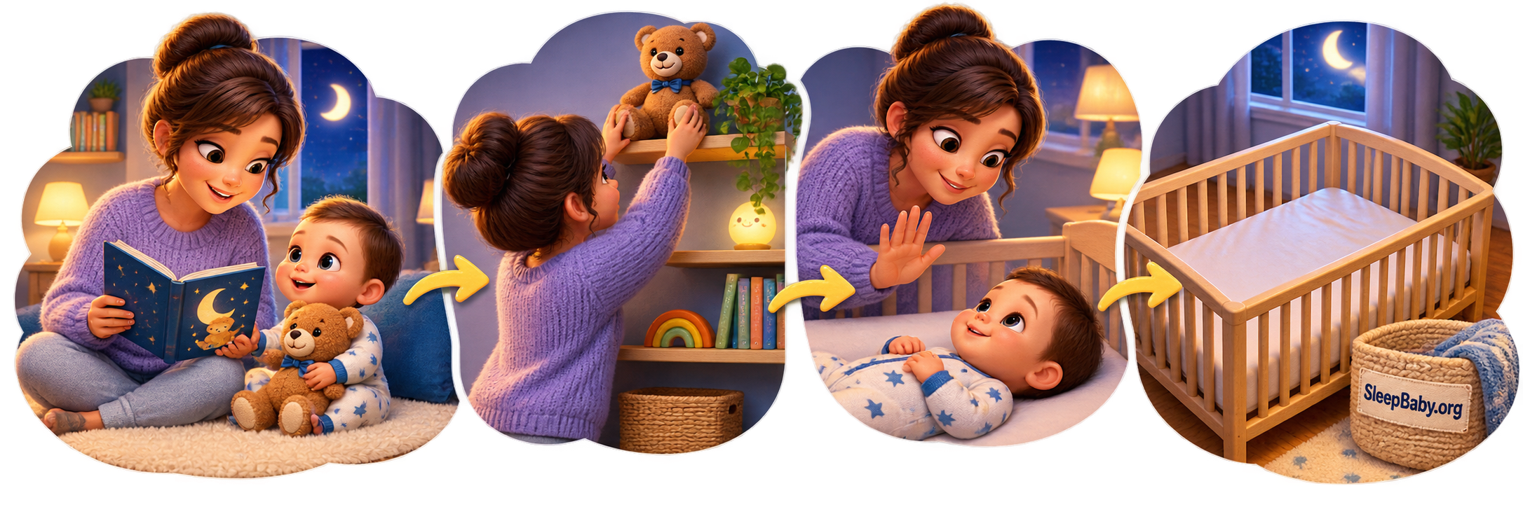 Comfort routine ribbon moves from a bedtime book and teddy to the teddy's shelf, a caregiver cue and an empty moonlit crib