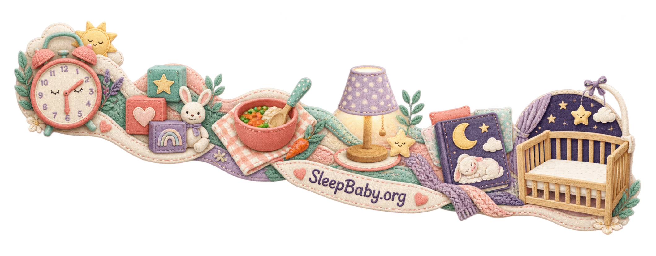 Embroidered rescue path moves from a short nap clock through quiet play and supper toward an early empty crib