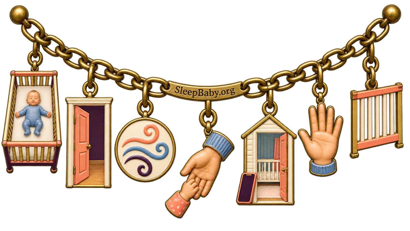 Seven brass charms show the safe-reset plan: clear crib, open doorway, calm breath, helping hand, phone outside, pause, and rail.