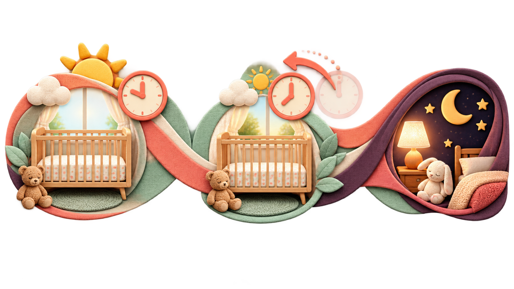 Transparent teaching ribbon links two naps with an adjustable bedtime and safe empty crib