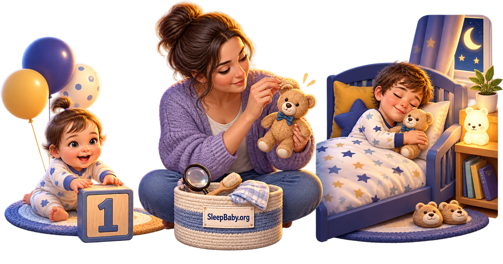 Age Plus Inspection ribbon shows the first-birthday boundary, an adult checking an intact teddy and an older toddler's bedtime