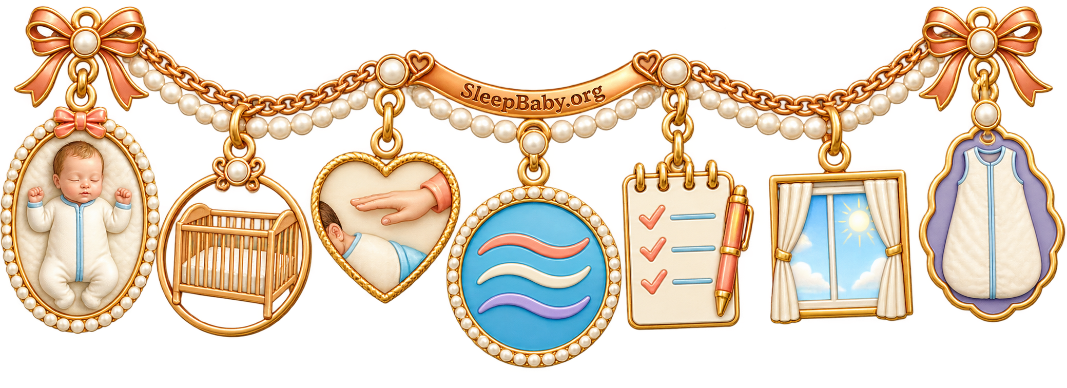 Seven copper charms picture a calm crib landing, from baby on back and lifting hand to steady breath, nap log, daylight, and sleep sack.