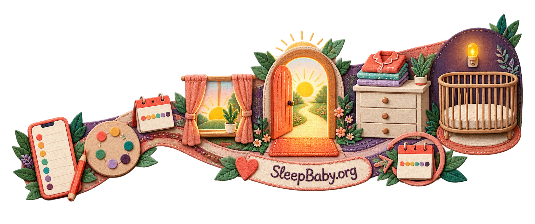 Seven-day notes lead past a sunrise and midday doorway to folded pajamas and a glowing empty crib