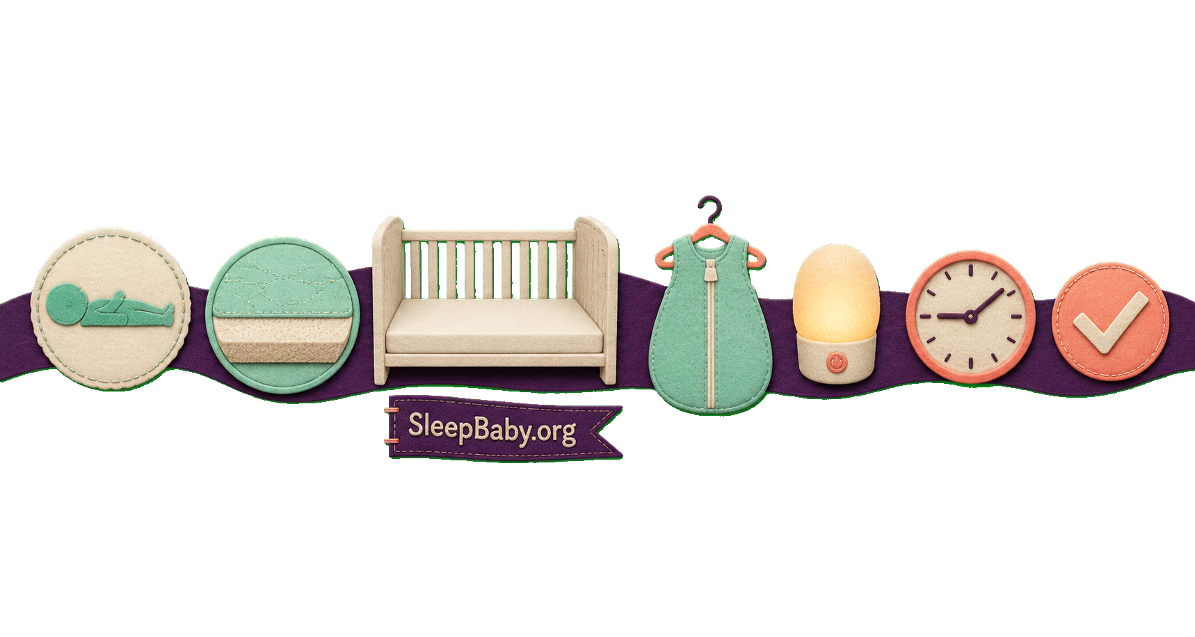 Safe-sleep ribbon shows back placement, a firm flat mattress, clear empty crib, sleep sack, nightlight, moving clock and check mark