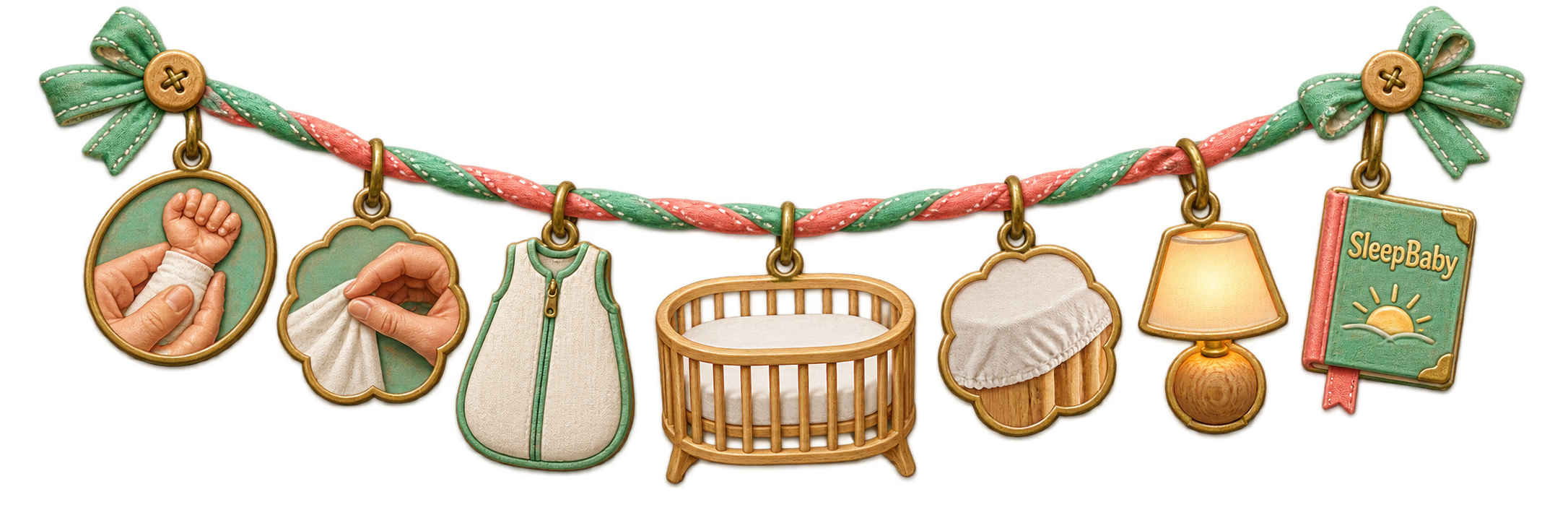 A mint and coral charm ribbon with gentle hands, a shirt fold, sleep sack, empty crib, fitted sheet, lamp, and routine book.