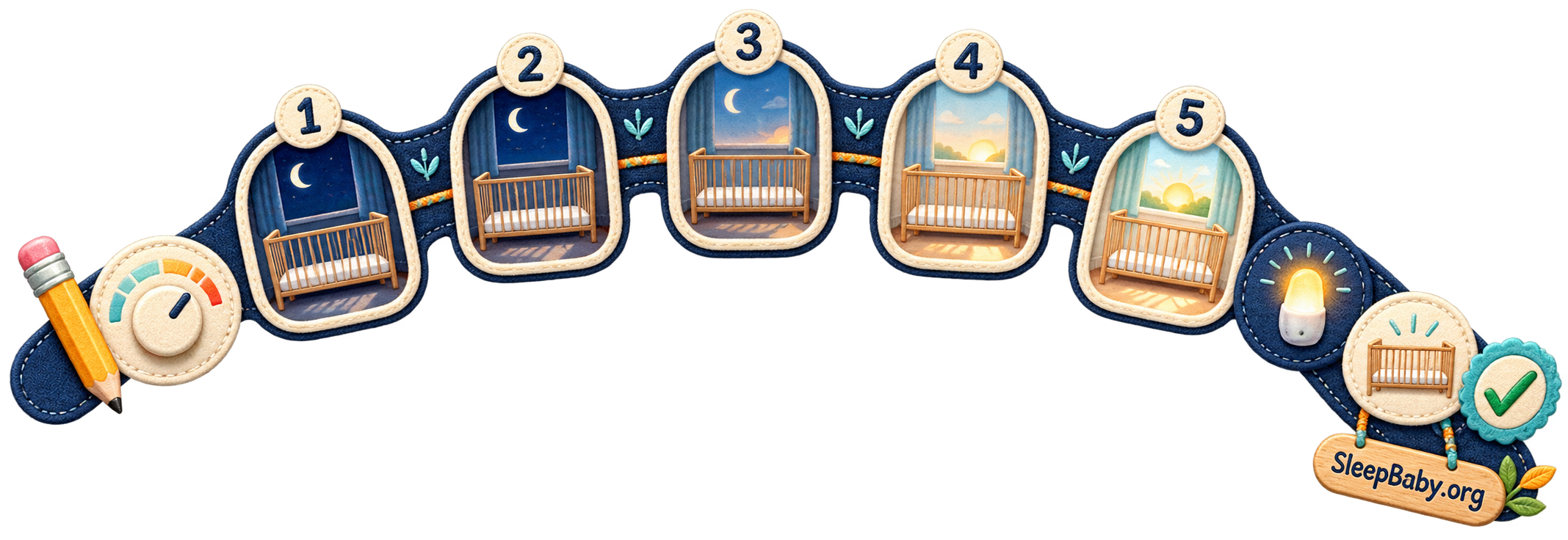 Transparent navy rail shows five numbered empty-crib windows shifting from moonlight to sunrise