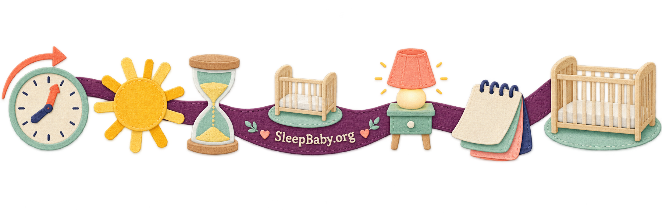 A SleepBaby teaching rail links clock, daylight, hourglass, safe crib, short-step calendar and bedtime lamp.