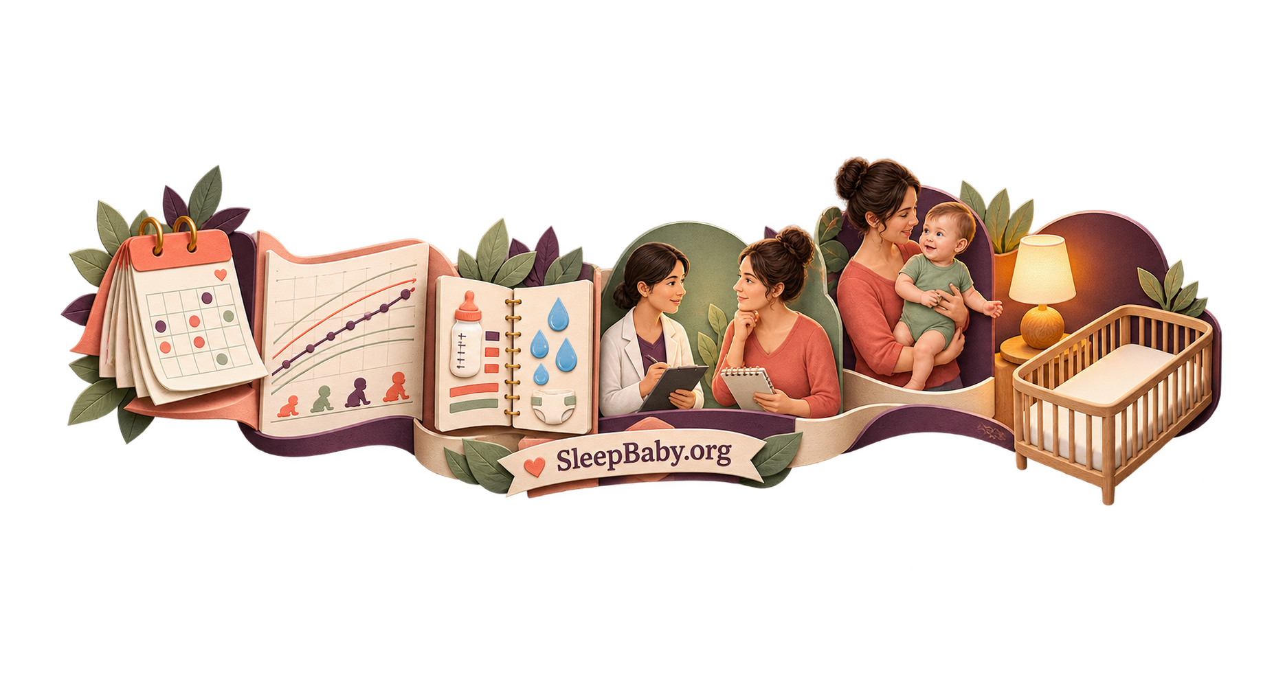 A SleepBaby.org teaching rail connects corrected age, growth points, feeding history, output cues, clinician questions, an awake baby, a warm lamp, and an empty bassinet.