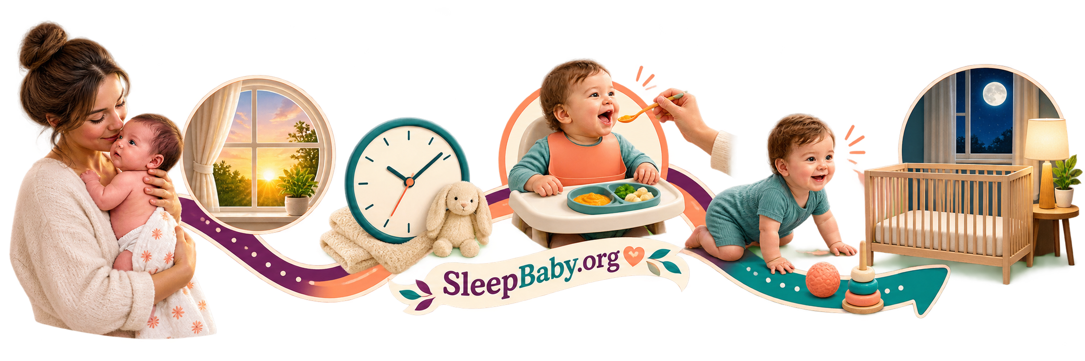 Newborn, sunrise, nap clock, solids, crawling and bare crib arranged as an age-stage progression