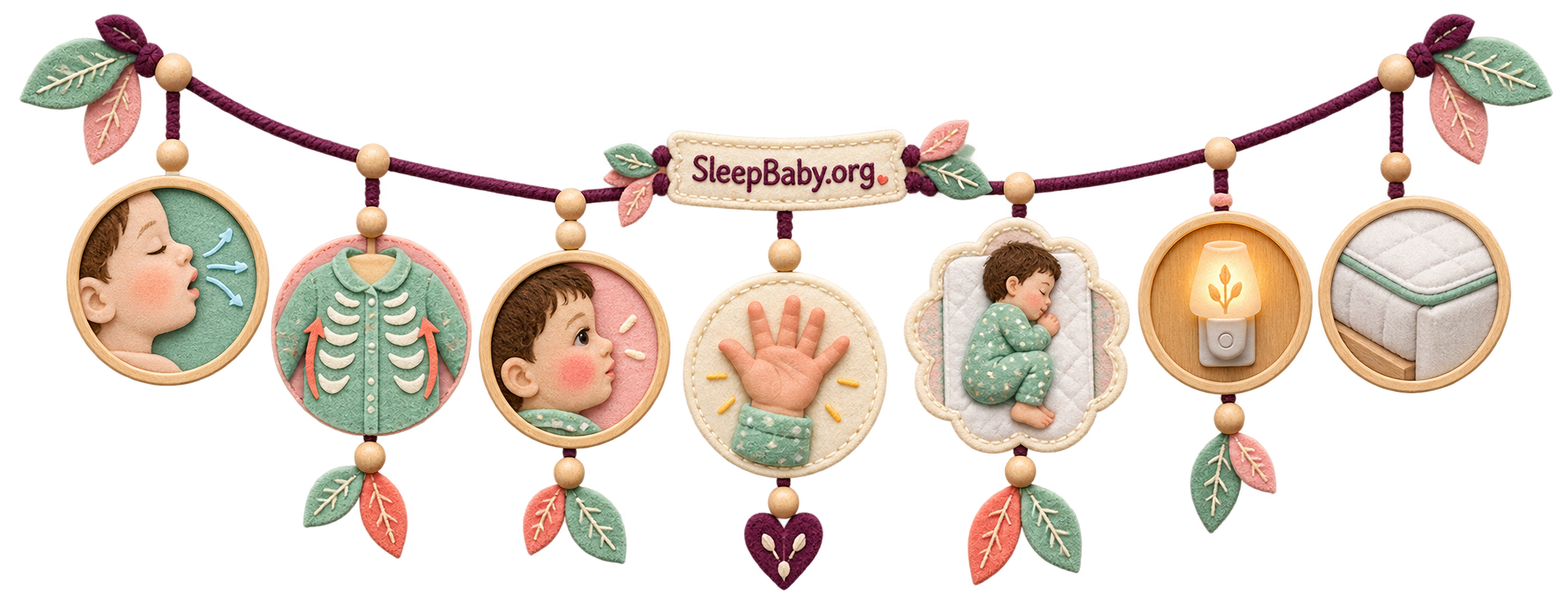 Felt SleepBaby teaching rail showing a clear airway, moving chest, healthy color, relaxed hand, folded sleeper, nightlight, and clear mattress