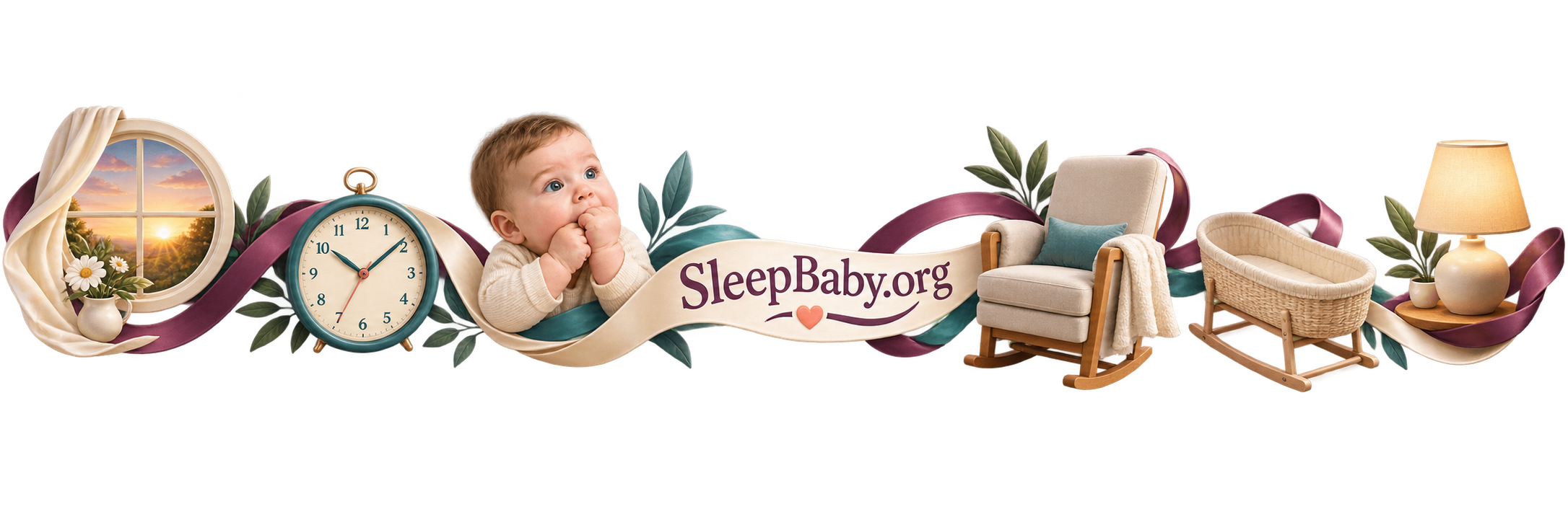 Sunrise, clock, hunger cue, feeding chair, bare bassinet and bedtime lamp connected in an editorial rail