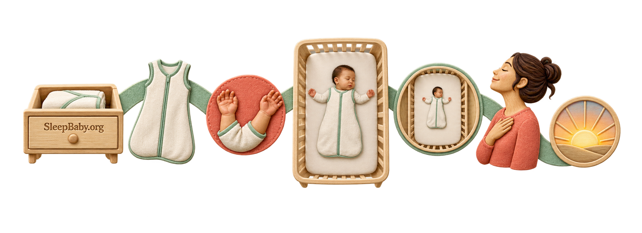 Carved wood and felt rail moves from a folded swaddle and arms-free garment to a clear bare crib, relieved caregiver, and sunrise.
