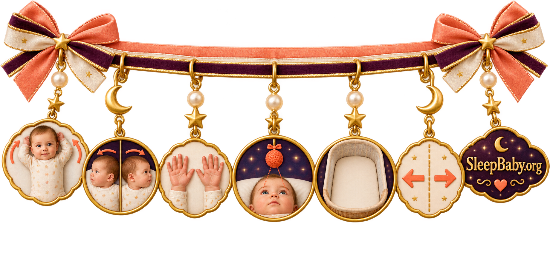 SleepBaby editorial rail showing equal arm lifts, head turns, open hands, eye tracking, and a bare bassinet