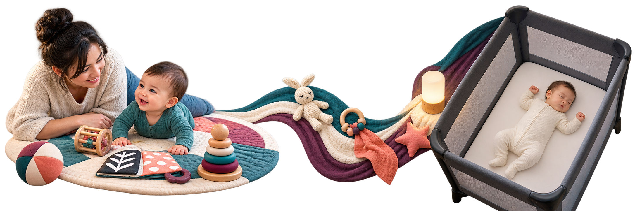 Transparent SleepBaby rail separating an awake floor play mat from a nighttime bare portable play yard