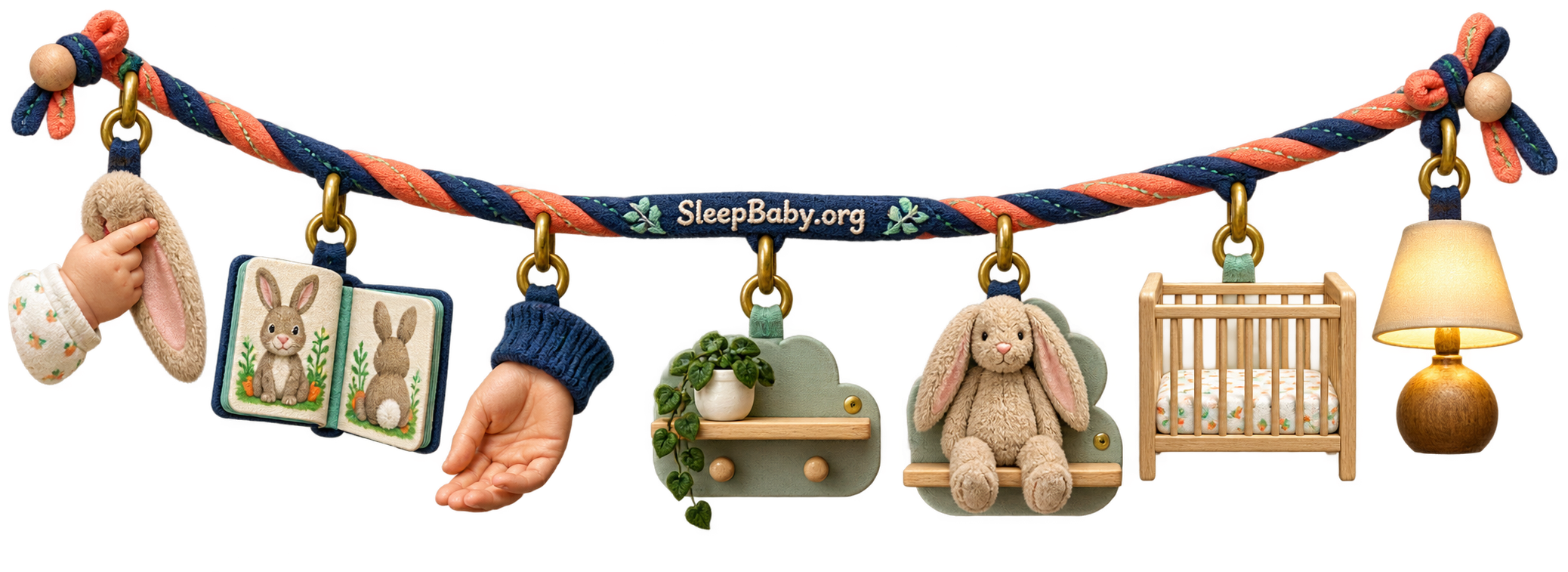 Awake bunny touch leads through a book and shelf to a bare crib at bedtime