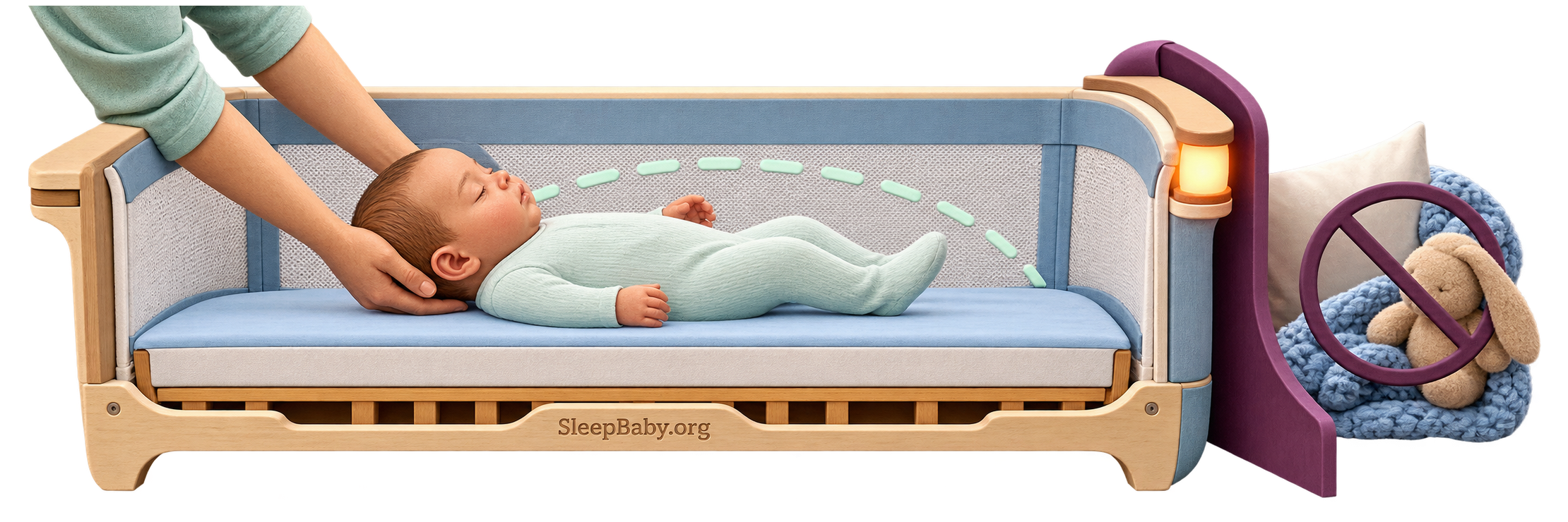 Safe-sleep rail showing back placement on a firm flat bassinet with loose bedding kept outside.