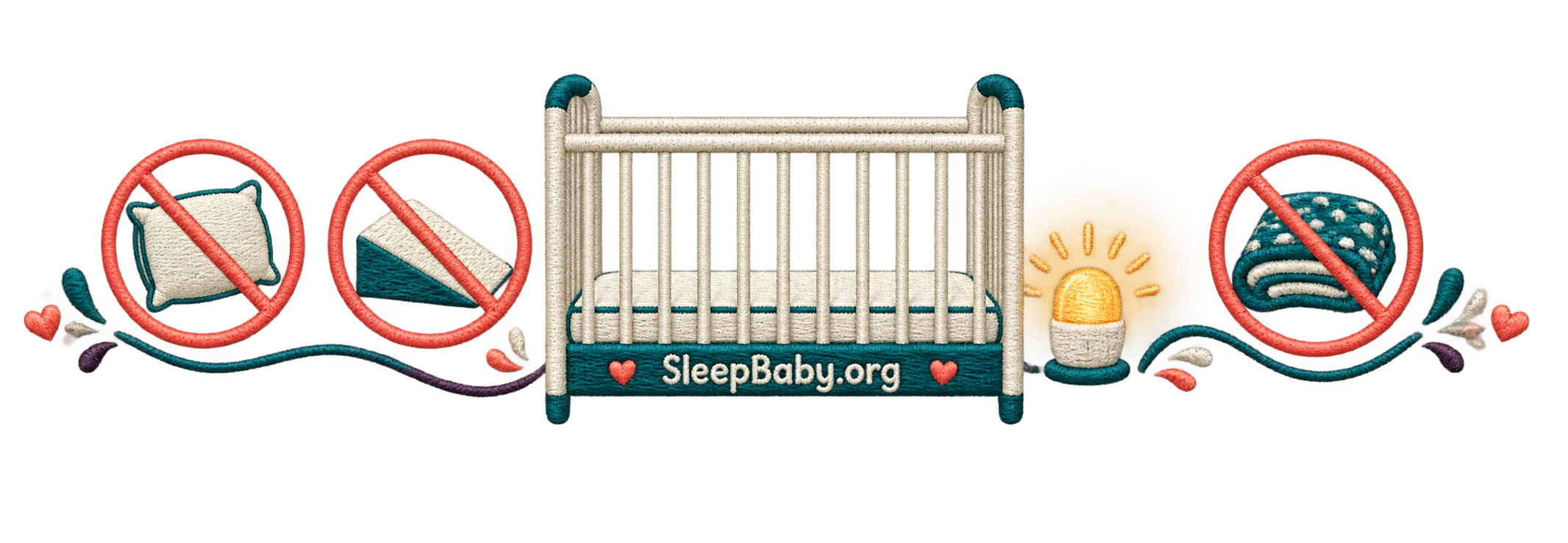 Stitched bare crib rail crosses out pillows, wedges, blankets, and positioners
