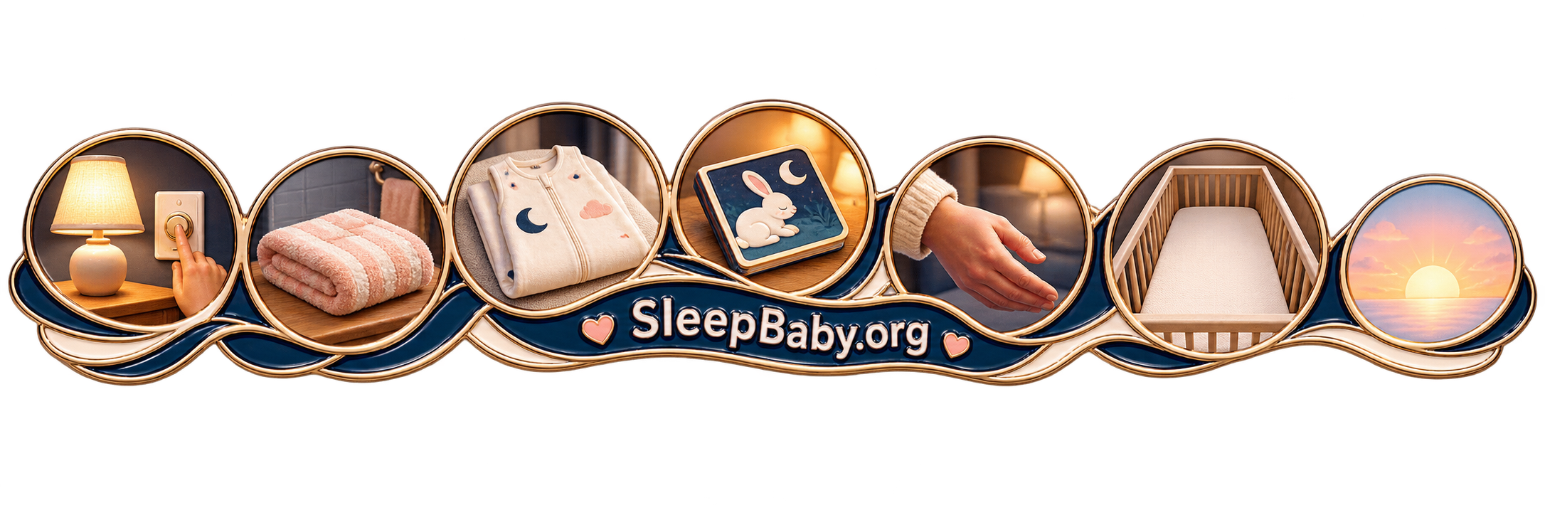 Transparent teaching rail connecting dim light, a folded towel, sleep sack, bedtime book, caregiver hand, bare crib, and dawn