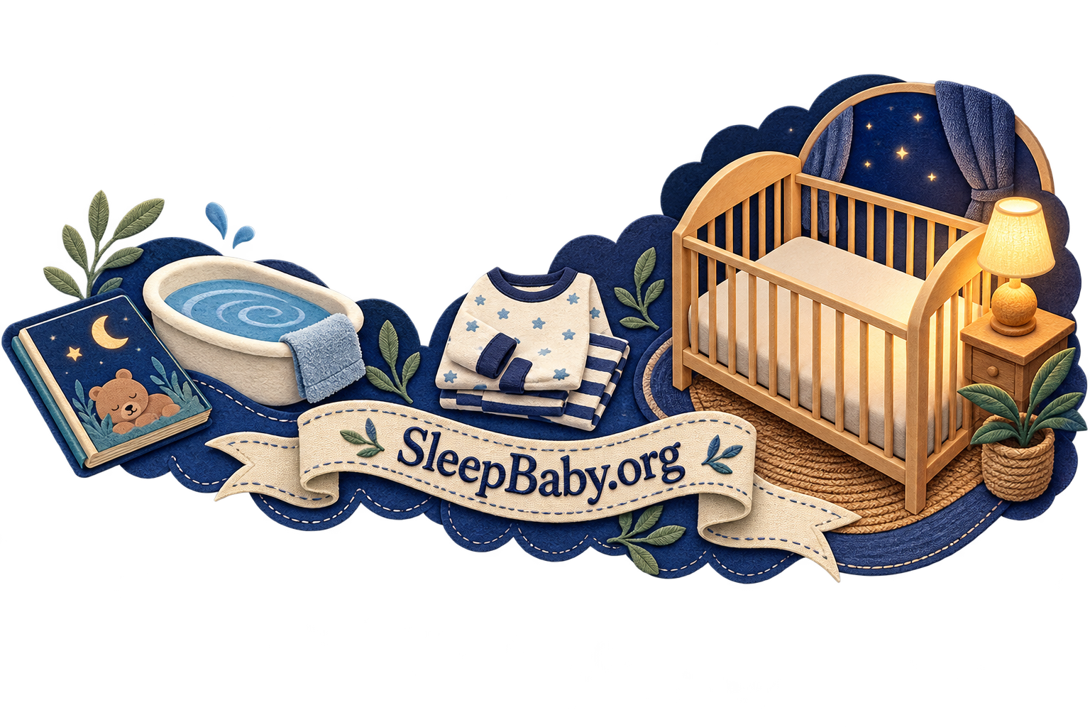 A bedtime book, bath, pajamas, safe empty crib and warm lamp form a gentle landing toward sleep.
