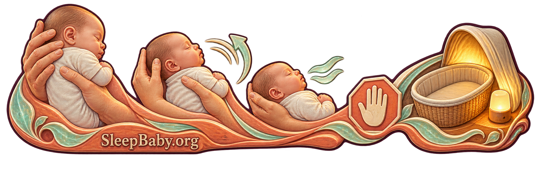 Editorial sequence showing supported upright holding, gentle reassessment, a stop cue, and an empty bassinet.