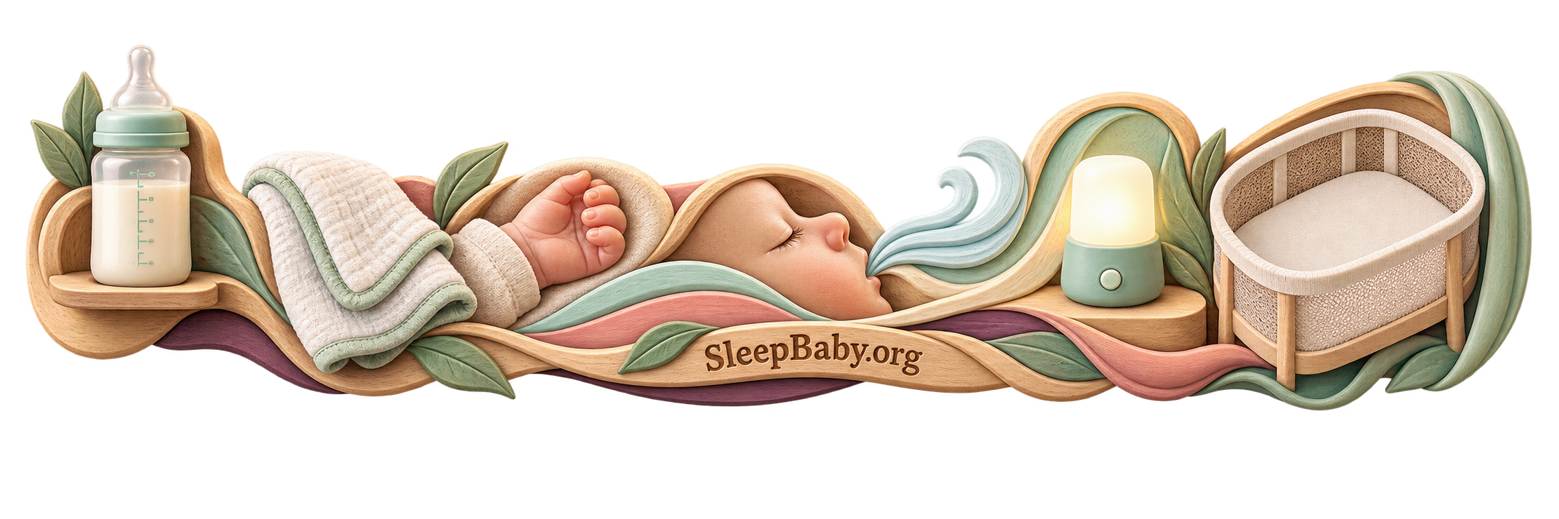 Editorial rail linking a finished feed, loose hand, open breathing, nightlight, and empty bassinet.