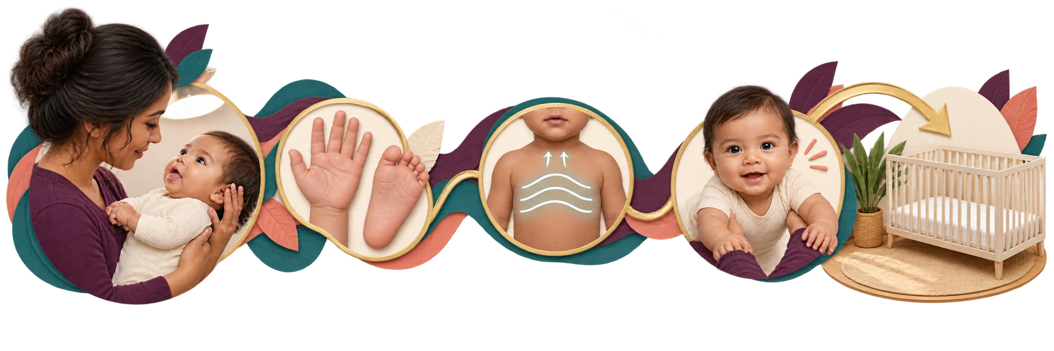 Awake central-color check, palm and sole, breath waves, alert response and empty crib form a decision rail