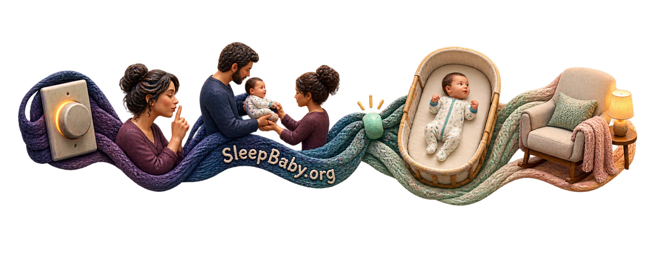 Illustrated ribbon moves from a dimmer and quiet handoff through one change to a back-sleeping baby and a resting parent