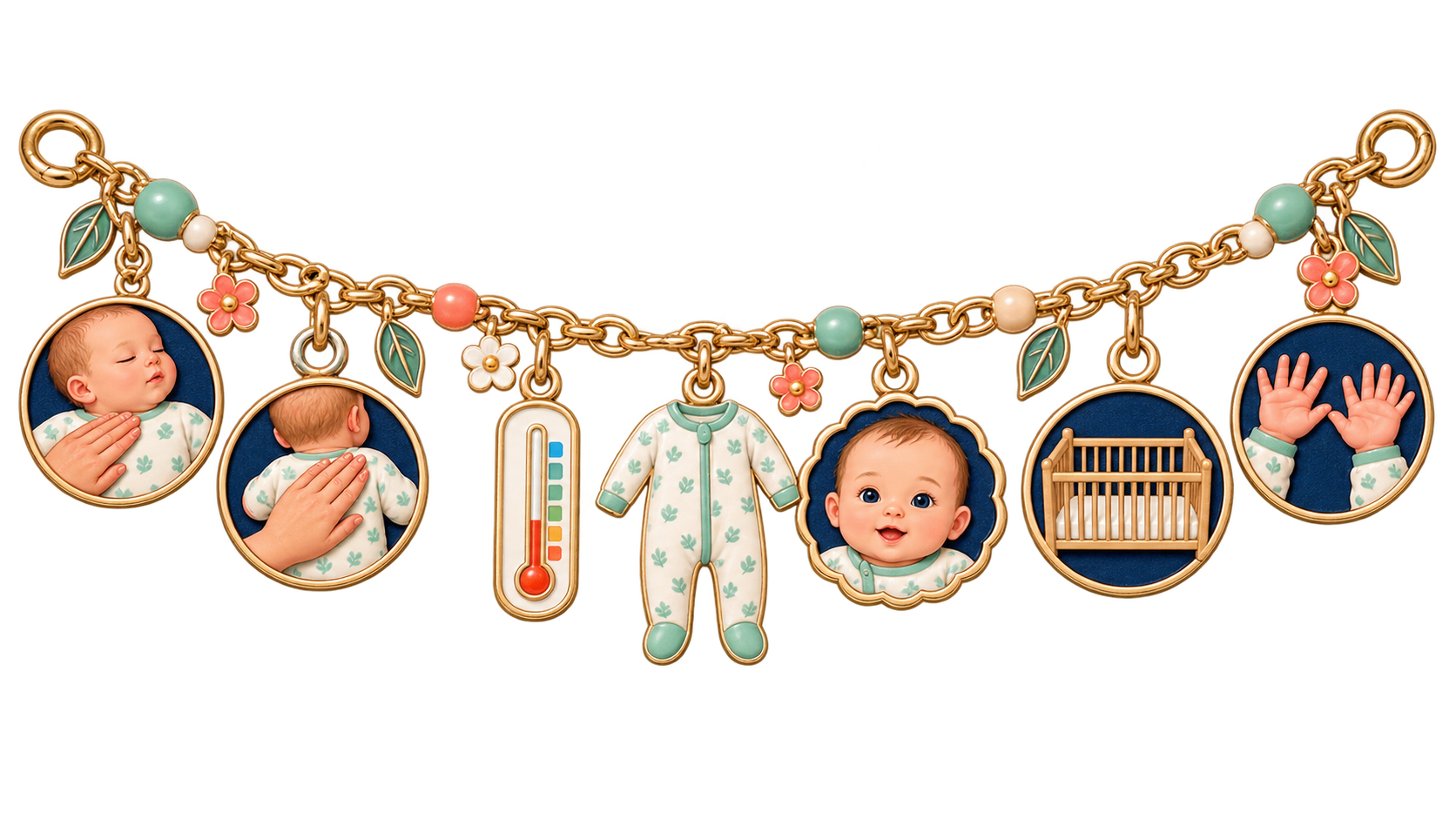 Seven charms show chest and upper-back checks, a thermometer, fitted sleeper, bare crib, and cool hands