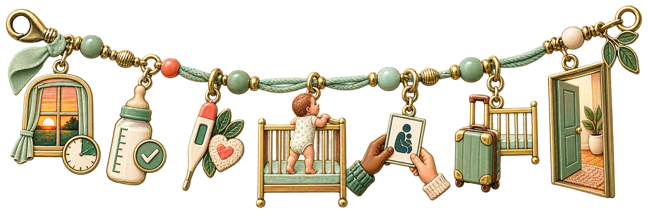 Seven enamel charms show the last nap, completed feeding, temperature and wellness, standing in the crib, caregiver agreement, travel disruption, and a calm doorway reset.