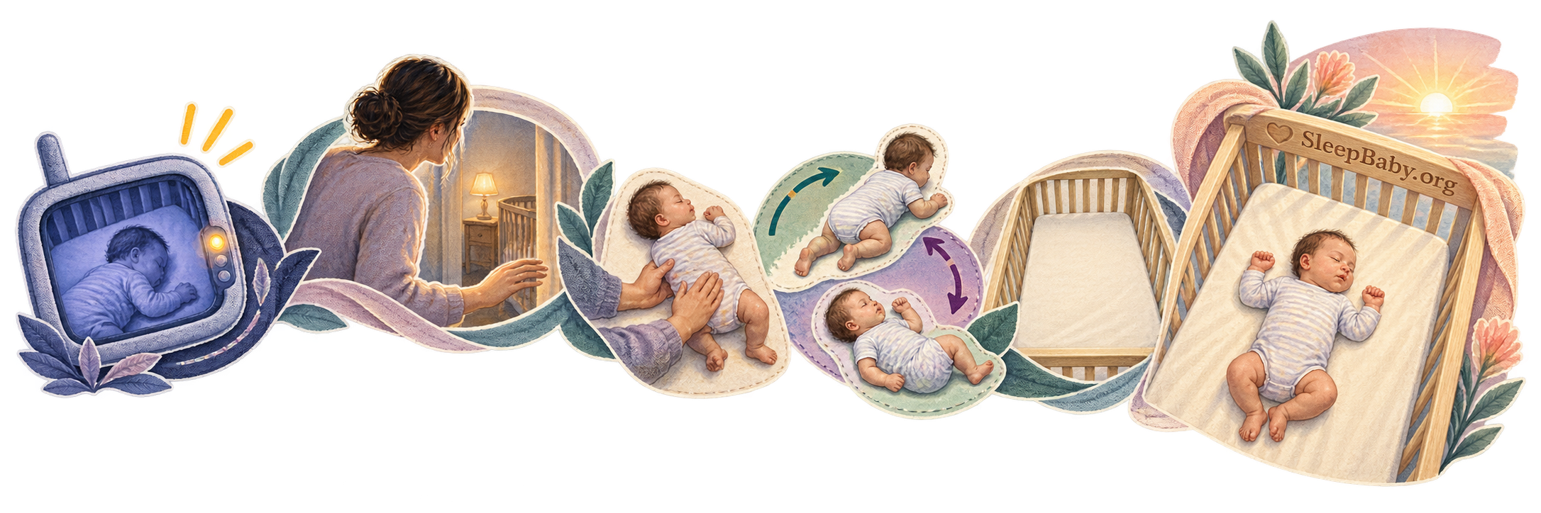 Transparent rail moving from a side-view monitor through caregiver response and rolling checks to a back-first bare crib at dawn