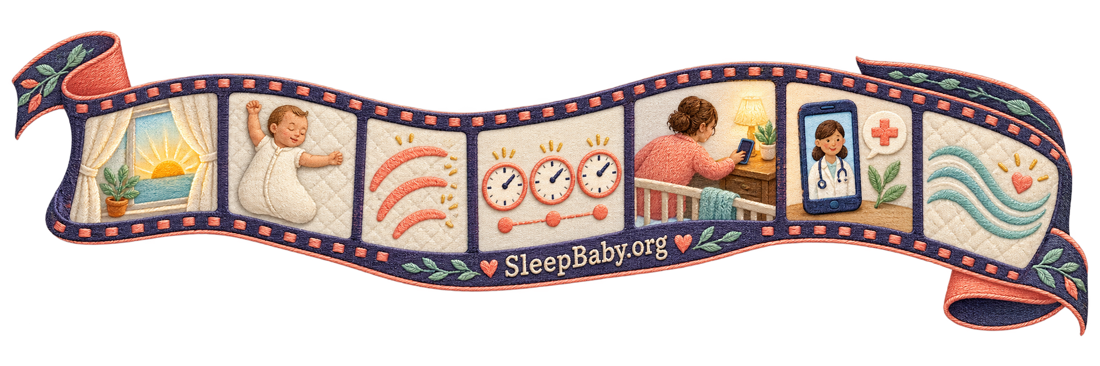 An embroidered sequence moves from waking and repeated motions to caregiver contact and calm recovery.