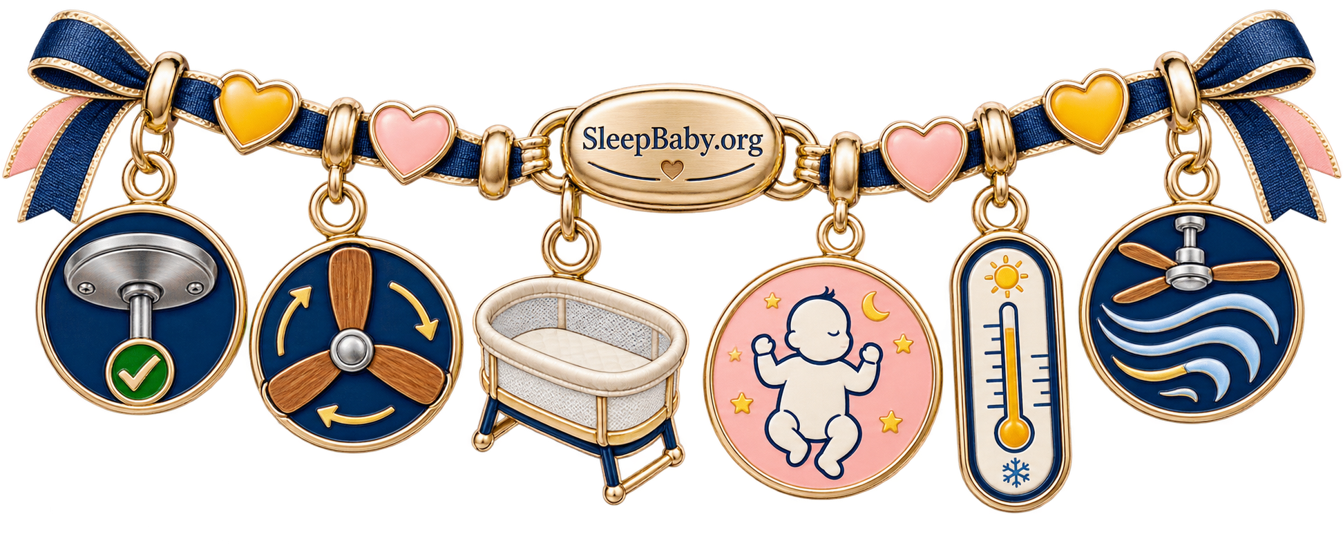 Ceiling fan, empty bassinet, back-sleep cue, thermometer, and gentle airflow charm rail