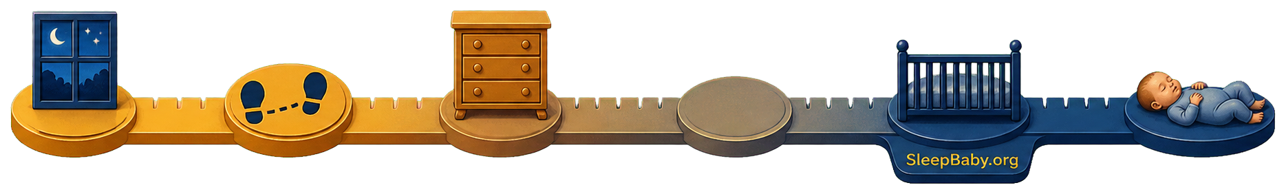 Teaching ribbon showing footsteps and furniture between a nursery window and a crib on the opposite side of the room