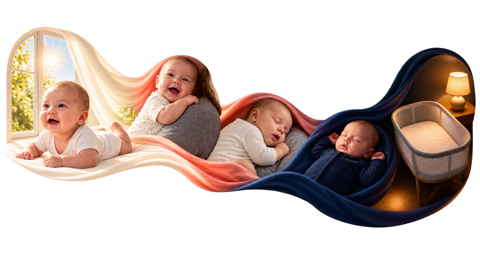 Editorial rail moving from bright daytime connection to a dim lamp and empty bassinet